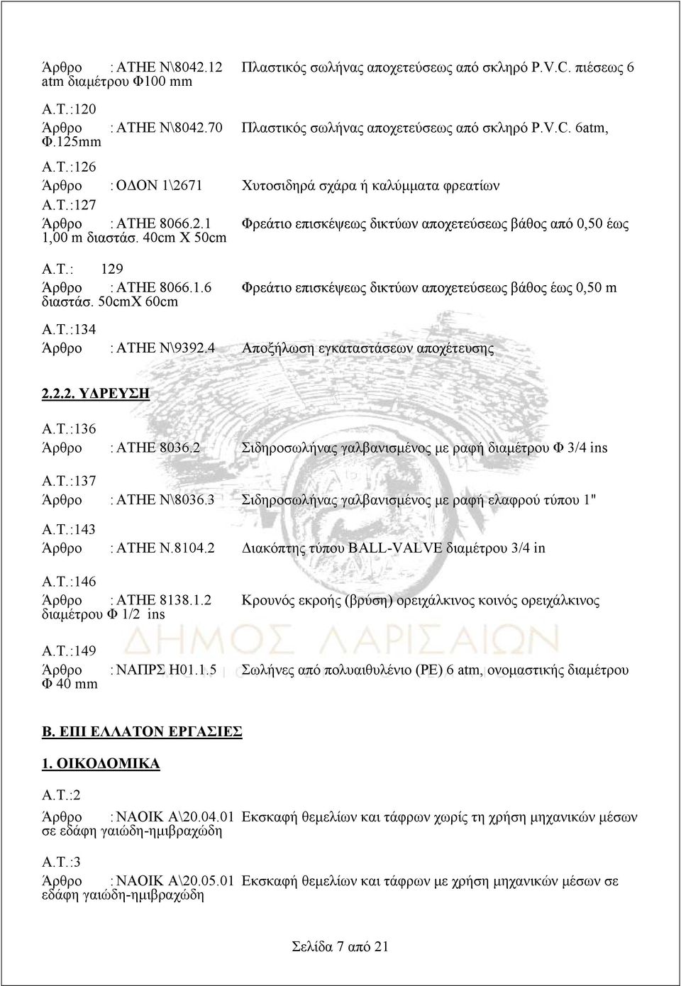 50cmX 60cm Α.Τ. :134 : ΑΤΗΕ Ν\9392.4 Αποξήλωση εγκαταστάσεων αποχέτευσης 2.2.2. ΥΔΡΕΥΣΗ Α.Τ. :136 : ΑΤΗΕ 8036.2 Σιδηροσωλήνας γαλβανισμένος με ραφή διαμέτρου Φ 3/4 ins Α.Τ. :137 : ΑΤΗΕ Ν\8036.