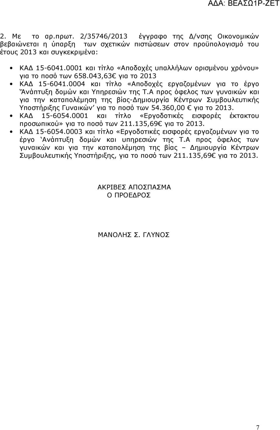 Α προς όφελος των γυναικών και για την καταπολέμηση της βίας-δημιουργία Κέντρων Συμβουλευτικής Υποστήριξης Γυναικών για το ποσό των 54.360,00 για το 203. ΚΑΔ 5-6054.