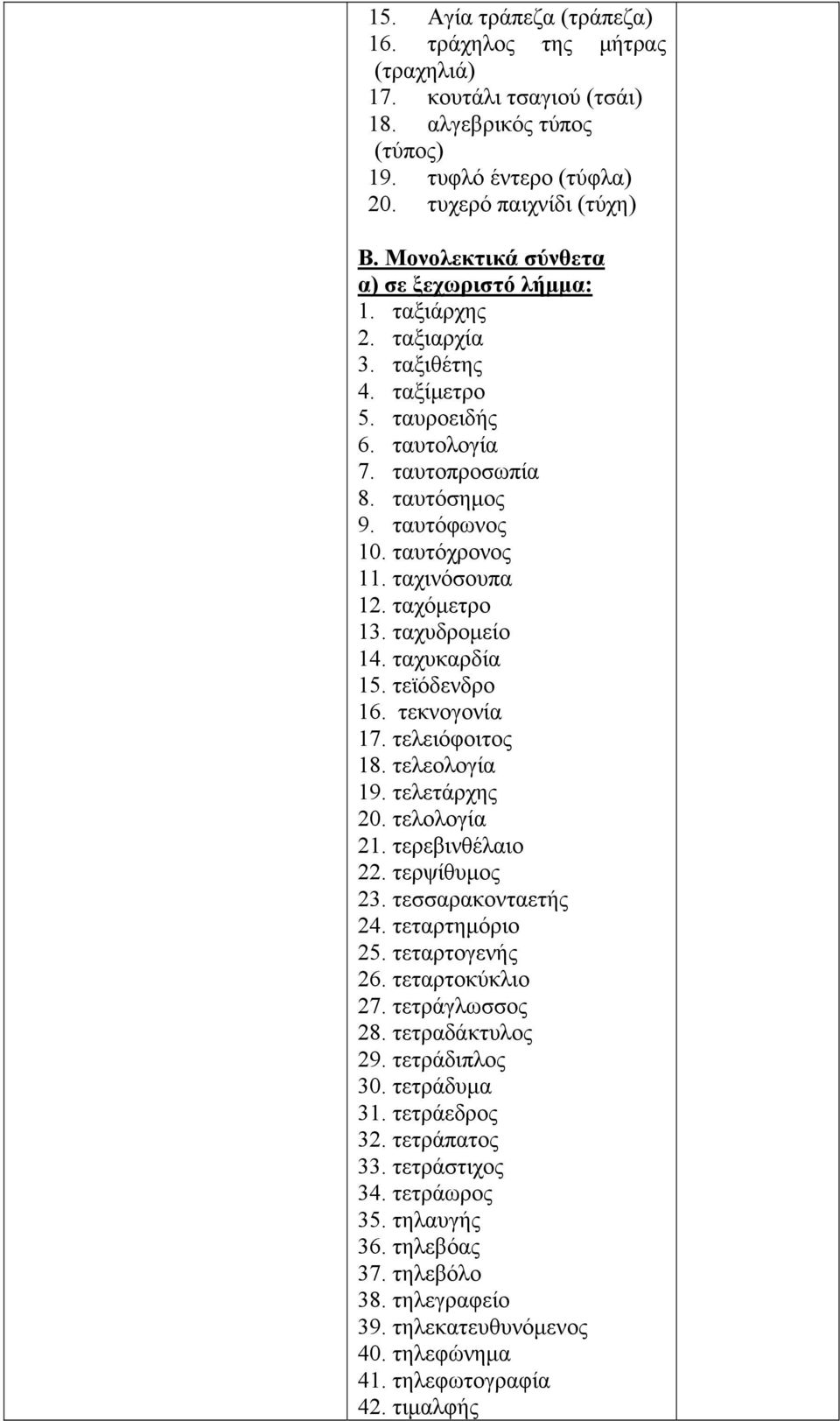 ταχινόσουπα 12. ταχόμετρο 13. ταχυδρομείο 14. ταχυκαρδία 15. τεϊόδενδρο 16. τεκνογονία 17. τελειόφοιτος 18. τελεολογία 19. τελετάρχης 20. τελολογία 21. τερεβινθέλαιο 22. τερψίθυμος 23.