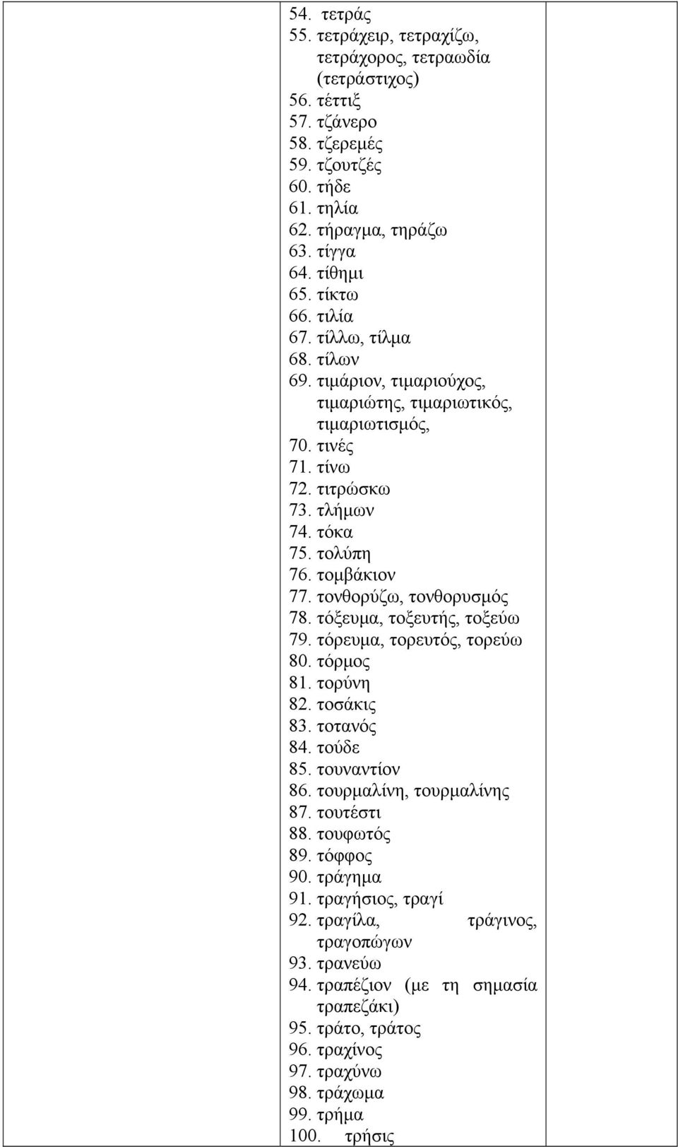 τονθορύζω, τονθορυσμός 78. τόξευμα, τοξευτής, τοξεύω 79. τόρευμα, τορευτός, τορεύω 80. τόρμος 81. τορύνη 82. τοσάκις 83. τοτανός 84. τούδε 85. τουναντίον 86. τουρμαλίνη, τουρμαλίνης 87. τουτέστι 88.