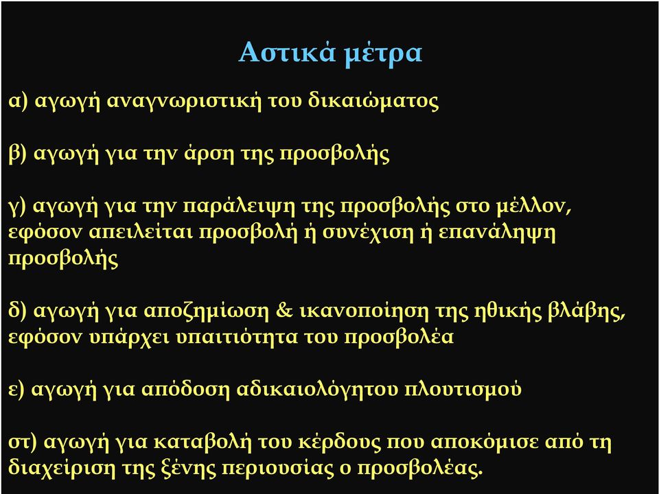 αϖοζηµίωση & ικανοϖοίηση της ηθικής βλάβης, εφόσον υϖάρχει υϖαιτιότητα του ϖροσβολέα ε) αγωγή για αϖόδοση