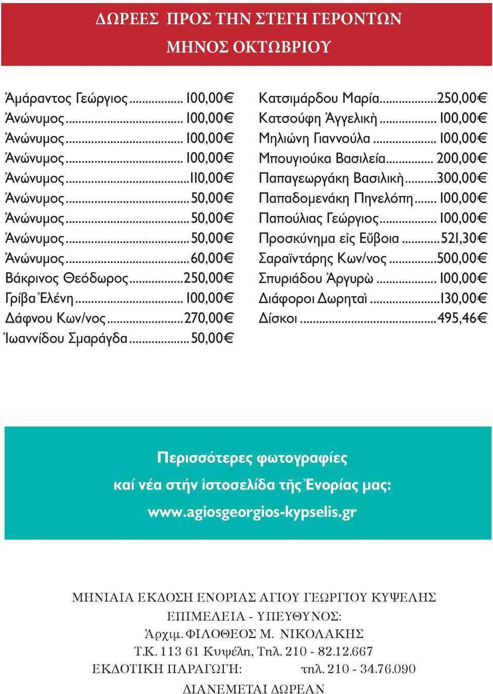 .. 100,00 Μηλιώνη Γιαννούλα... 100,00 Μπουγιούκα Βασιλεία... 200,00 Παπαγεωργάκη Βασιλικὴ...300,00 Παπαδομενάκη Πηνελόπη... 100,00 Παπούλιας Γεώργιος... 100,00 Προσκύνημα εἰς Εὔβοια.