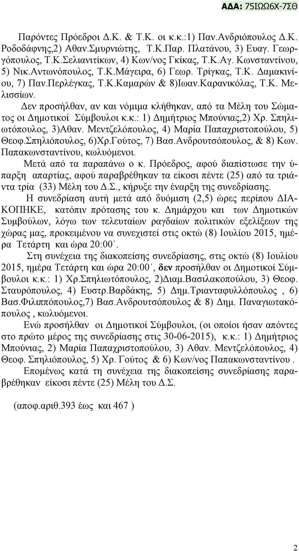 Δεν προσήλθαν, αν και νόμιμα κλήθηκαν, από τα Μέλη του Σώματος οι Δημοτικοί Σύμβουλοι κ.κ.: 1) Δημήτριος Μπούνιας,2) Χρ. Σπηλιωτόπουλος, 3)Αθαν. Μεντζελόπουλος, 4) Μαρία Παπαχριστοπούλου, 5) Θεοφ.