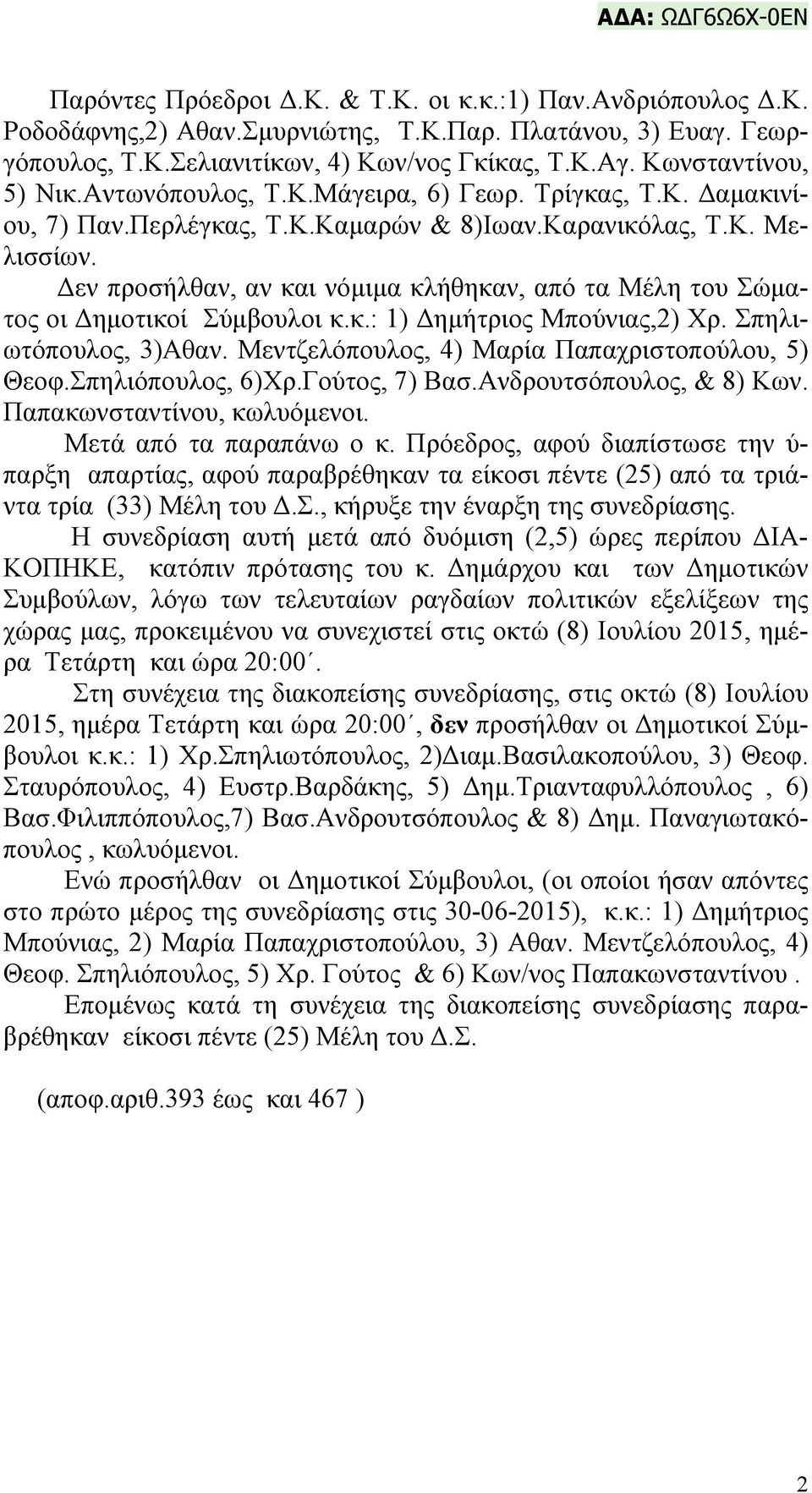 Δεν προσήλθαν, αν και νόμιμα κλήθηκαν, από τα Μέλη του Σώματος οι Δημοτικοί Σύμβουλοι κ.κ.: 1) Δημήτριος Μπούνιας,2) Χρ. Σπηλιωτόπουλος, 3)Αθαν. Μεντζελόπουλος, 4) Μαρία Παπαχριστοπούλου, 5) Θεοφ.