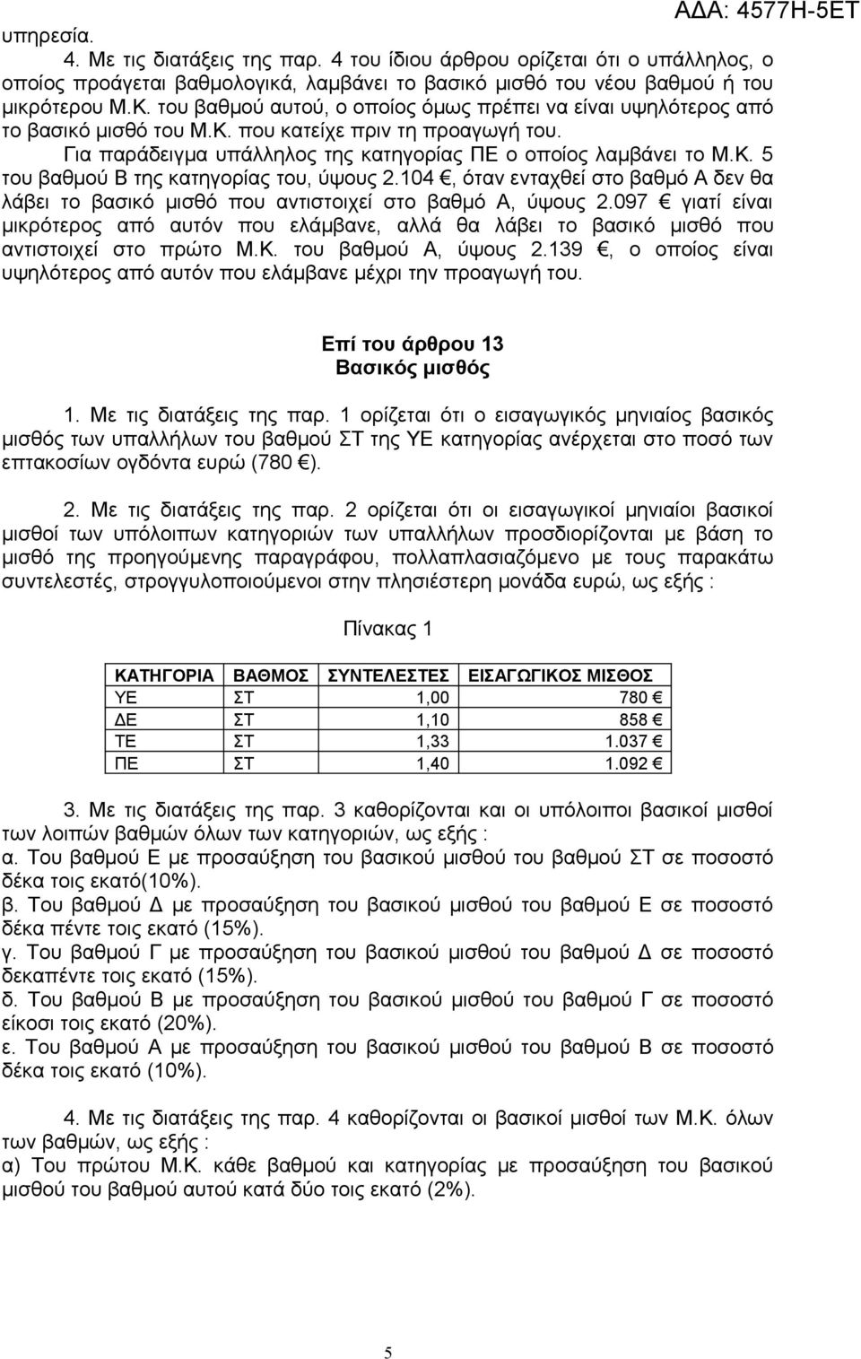 104, όταν ενταχθεί στο βαθμό Α δεν θα λάβει το βασικό μισθό που αντιστοιχεί στο βαθμό Α, ύψους 2.