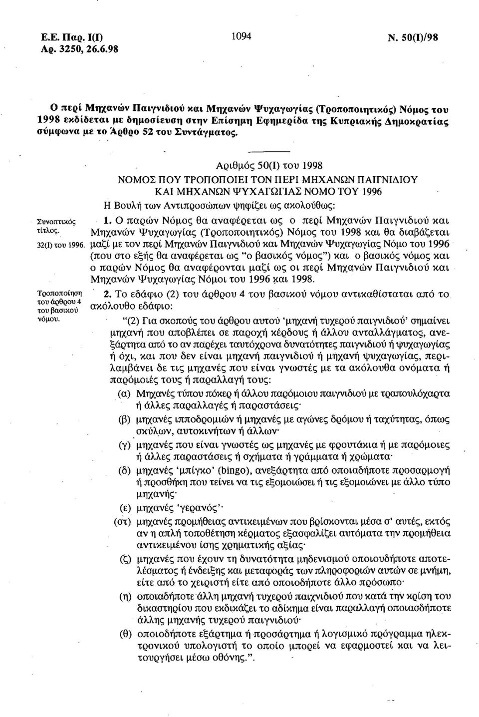 Αριθμός 50(1) του 1998 ΝΟΜΟΣ ΠΟΥ ΤΡΟΠΟΠΟΙΕΙ ΤΟΝ ΠΕΡΙ ΜΗΧΑΝΩΝ ΠΑΙΓΝΙΔΙΟΥ ΚΑΙ ΜΗΧΑΝΩΝ ΨΥΧΑΓΩΓΙΑΣ ΝΟΜΟ ΤΟΥ 1996 Η Βουλή των Αντιπροσώπων ψηφίζει ως ακολούθως: Συνοπτικός 1.