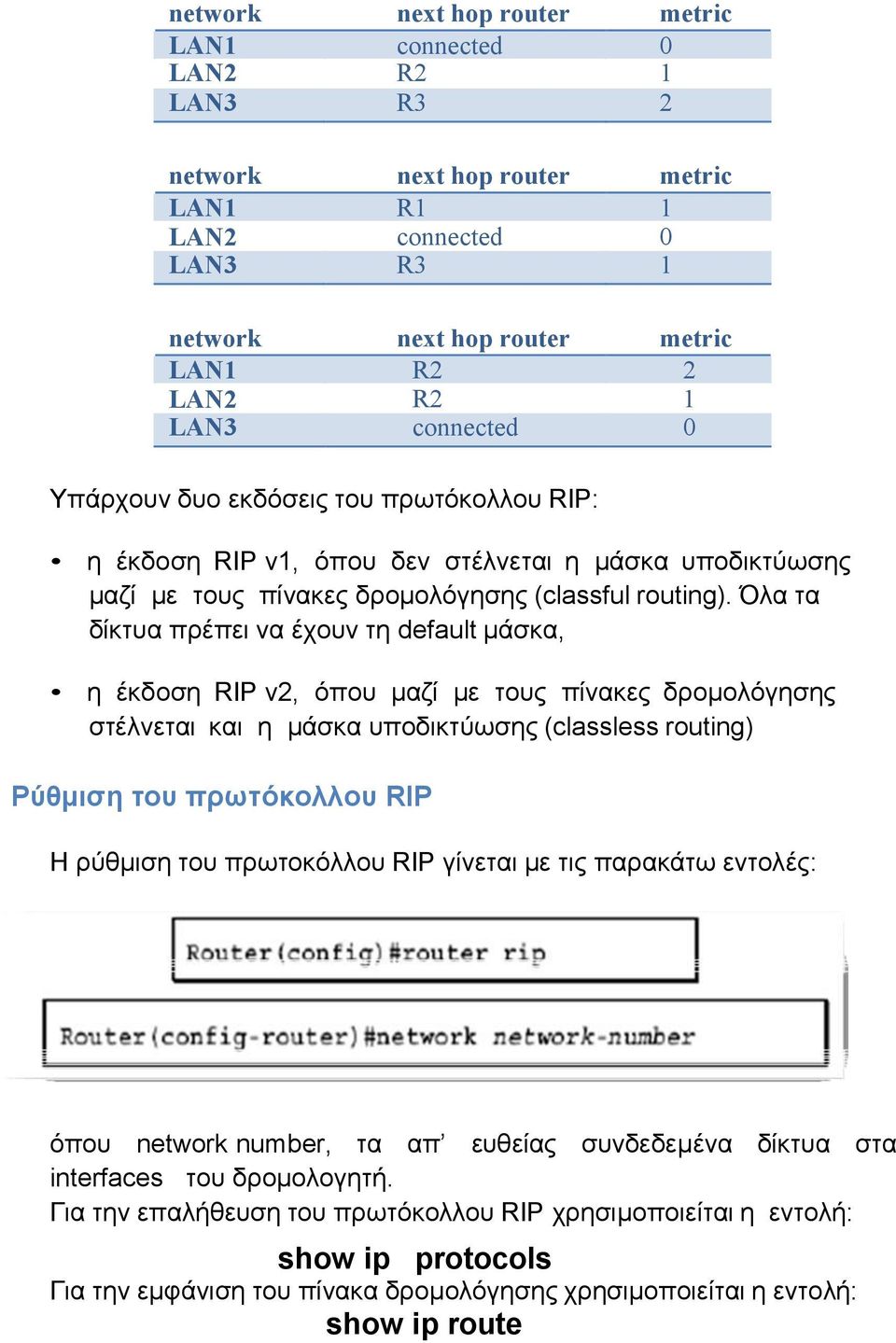 Όλα τα δίκτυα πρέπει να έχουν τη default μάσκα, η έκδοση RIP v2, όπου μαζί με τους πίνακες δρομολόγησης στέλνεται και η μάσκα υποδικτύωσης (classless routing) Ρύθμιση του πρωτόκολλου RIP Η ρύθμιση
