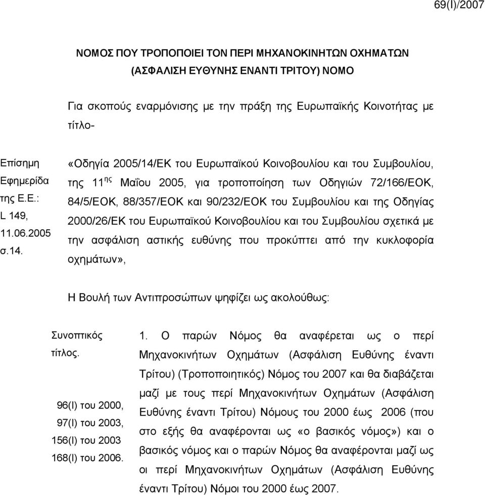 «Οδηγία 2005/14/ΕΚ του Ευρωπαϊκού Κοινοβουλίου και του Συμβουλίου, της 11 ης Μαΐου 2005, για τροποποίηση των Οδηγιών 72/166/ΕΟΚ, 84/5/ΕΟΚ, 88/357/ΕΟΚ και 90/232/ΕΟΚ του Συμβουλίου και της Οδηγίας