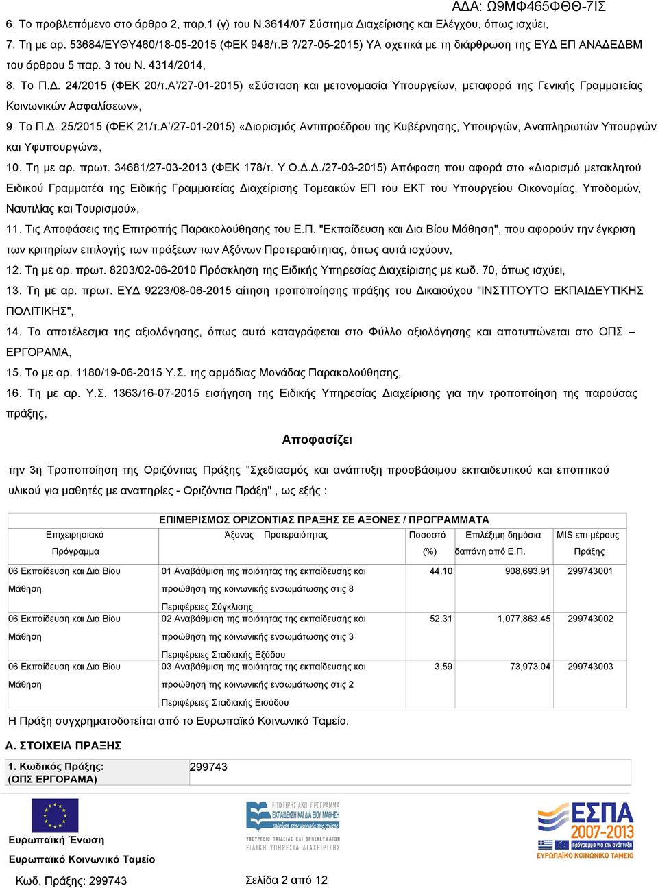 Α /27-01-2015) «Σύσταση και μετονομασία Υπουργείων, μεταφορά της Γενικής Γραμματείας Κοινωνικών Ασφαλίσεων», 9. Το Π.Δ. 25/2015 (ΦΕΚ 21/τ.