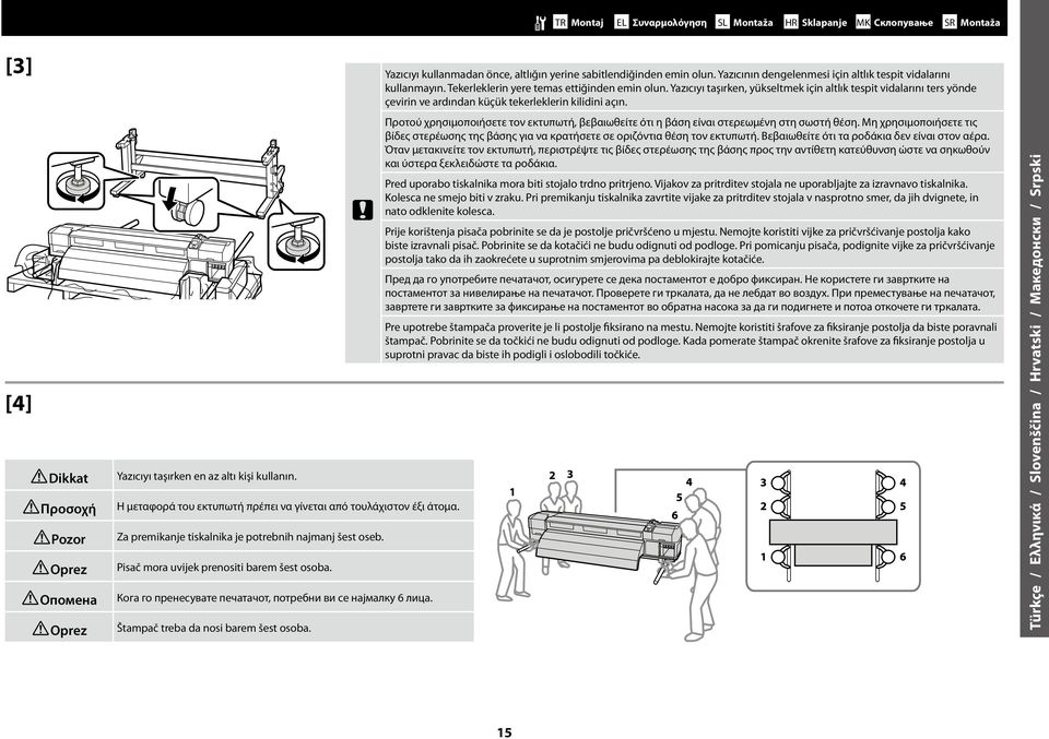 Кога го пренесувате печатачот, потребни ви се најмалку 6 лица. Štampač treba da nosi barem šest osoba. Yazıcıyı kullanmadan önce, altlığın yerine sabitlendiğinden emin olun.