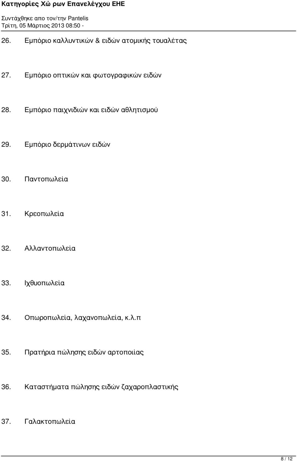 Εμπόριο δερμάτινων ειδών 30. Παντοπωλεία 31. Κρεοπωλεία 32. Αλλαντοπωλεία 33. Ιχθυοπωλεία 34.