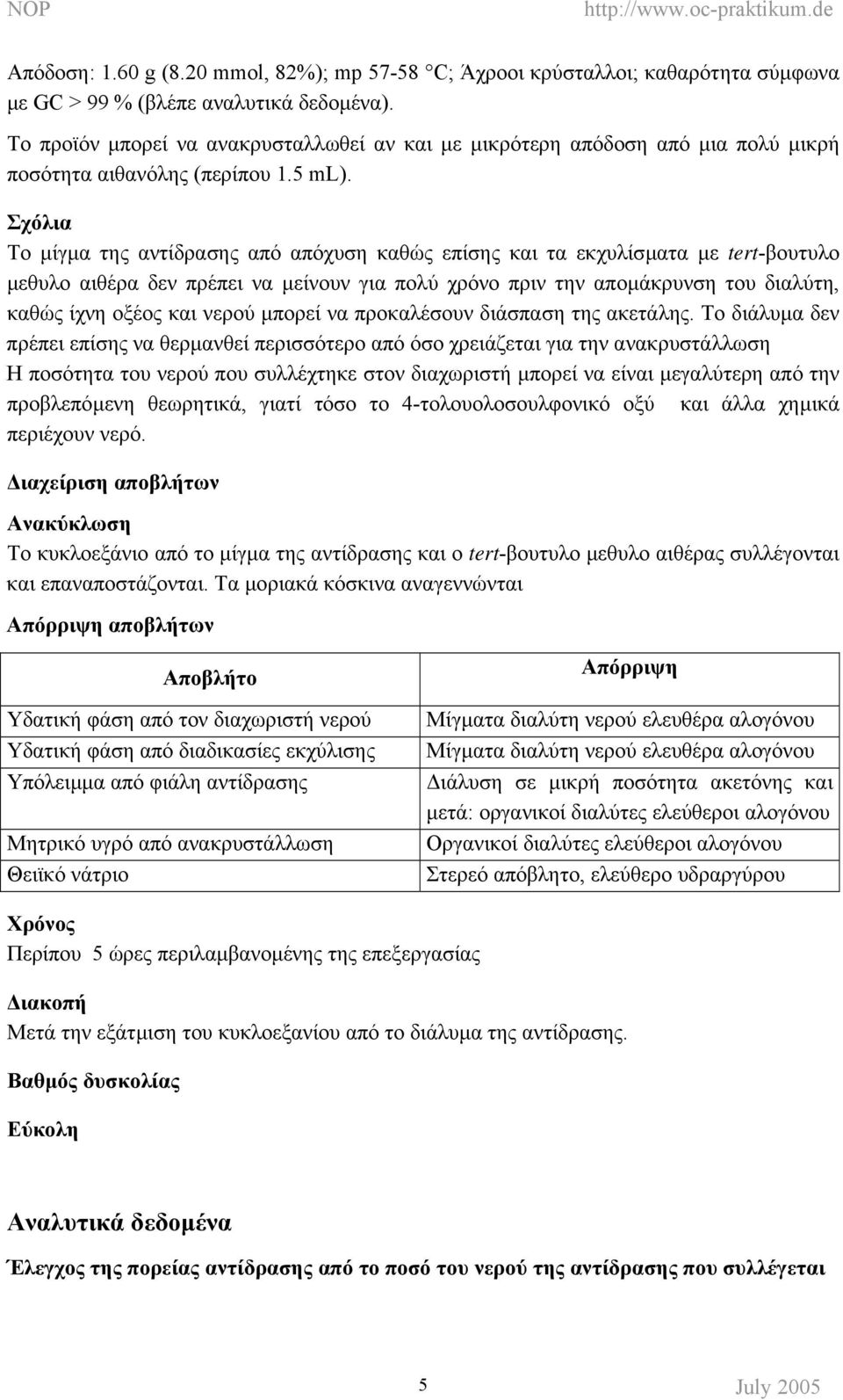 Σχόλια Το µίγµα της αντίδρασης από απόχυση καθώς επίσης και τα εκχυλίσµατα µε tert-βουτυλο µεθυλο αιθέρα δεν πρέπει να µείνουν για πολύ χρόνο πριν την αποµάκρυνση του διαλύτη, καθώς ίχνη οξέος και