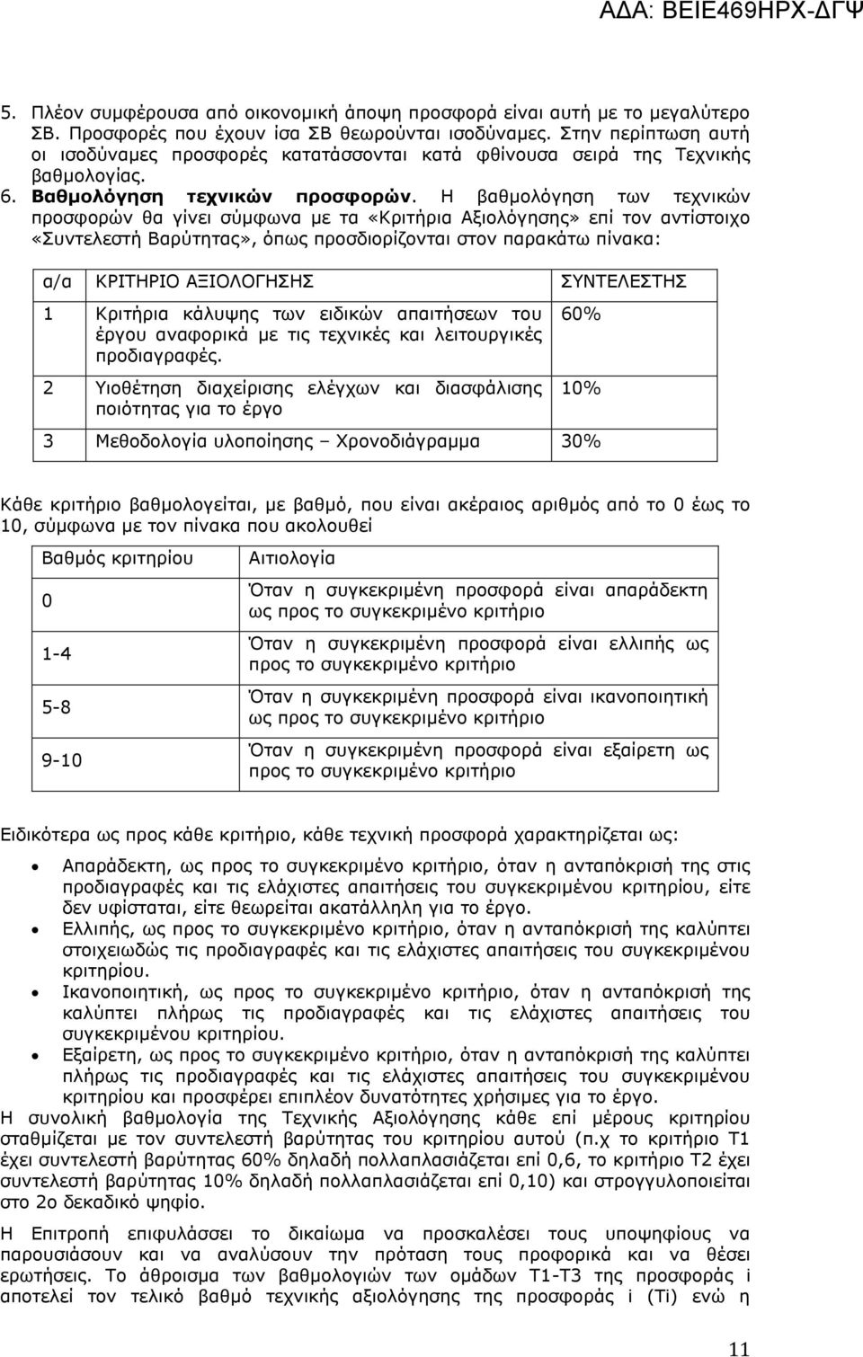 Η βαθμολόγηση των τεχνικών προσφορών θα γίνει σύμφωνα με τα «Κριτήρια Αξιολόγησης» επί τον αντίστοιχο «Συντελεστή Βαρύτητας», όπως προσδιορίζονται στον παρακάτω πίνακα: α/α ΚΡΙΤΗΡΙΟ ΑΞΙΟΛΟΓΗΣΗΣ