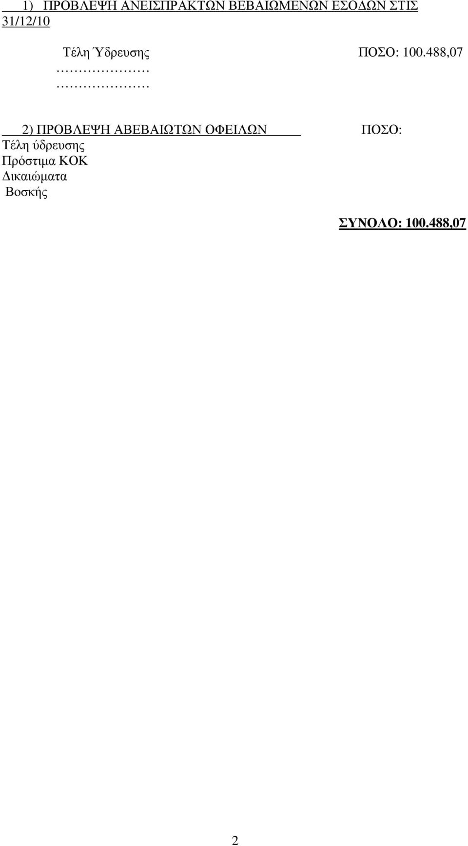 488,07 2) ΠΡΟΒΛΕΨΗ ΑΒΕΒΑΙΩΤΩΝ ΟΦΕΙΛΩΝ ΠΟΣΟ: