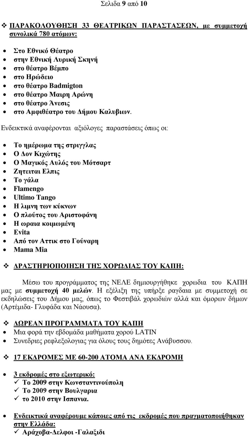 Ενδεικτικά αναφέρονται αξιόλογες παραστάσεις όπως οι: Το ημέρωμα της στριγγλας Ο Δον Κιχώτης Ο Μαγικός Αυλός του Μότσαρτ Ζητειται Ελπις Το γάλα Flamengo Ultimo Tango Η λιμνη των κύκνων Ο πλούτος του