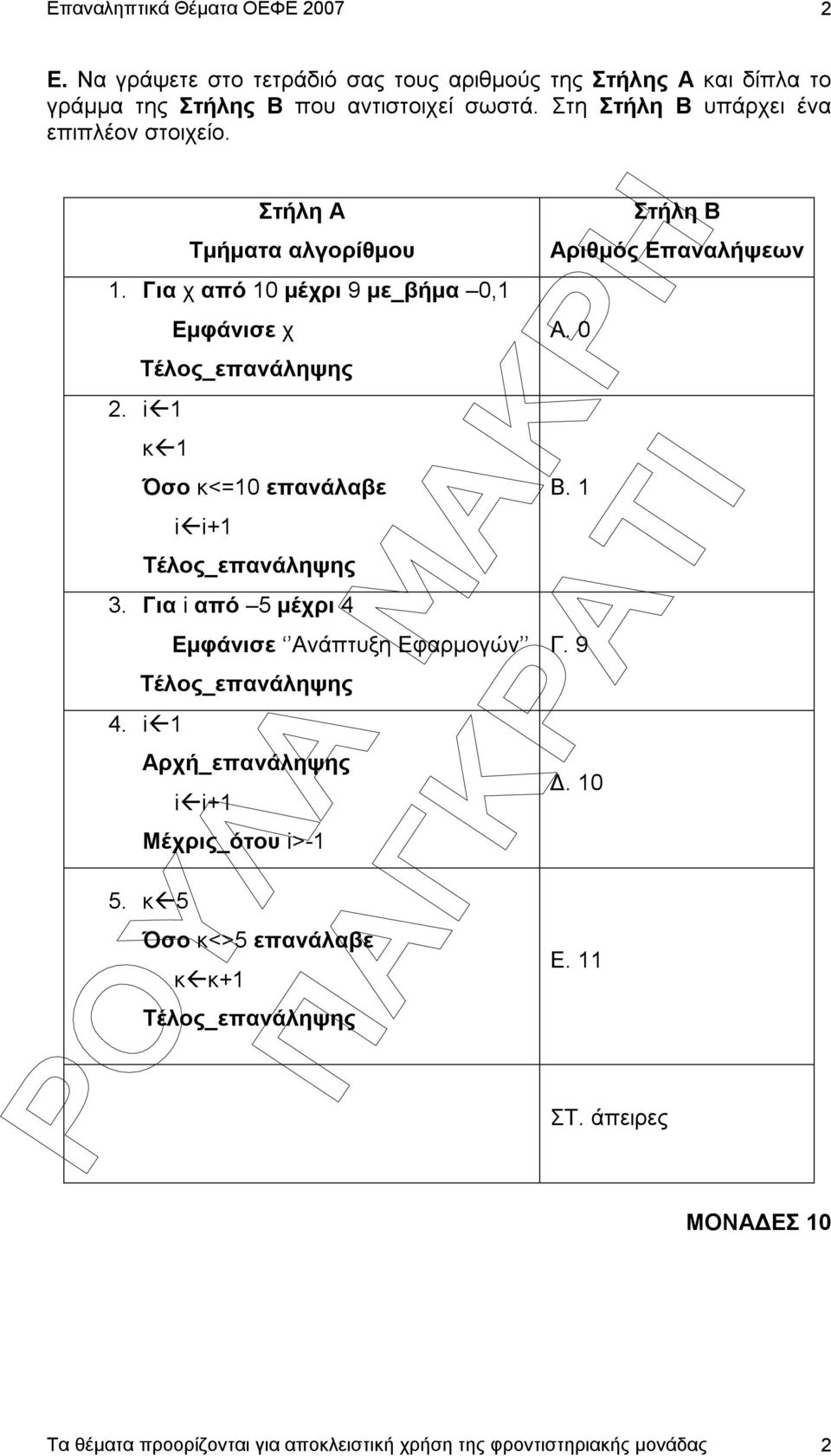 i 1 κ 1 Όσο κ<=10 επανάλαβε i i+1 3. Για i από 5 µέχρι 4 Εµφάνισε Ανάπτυξη Εφαρµογών 4.