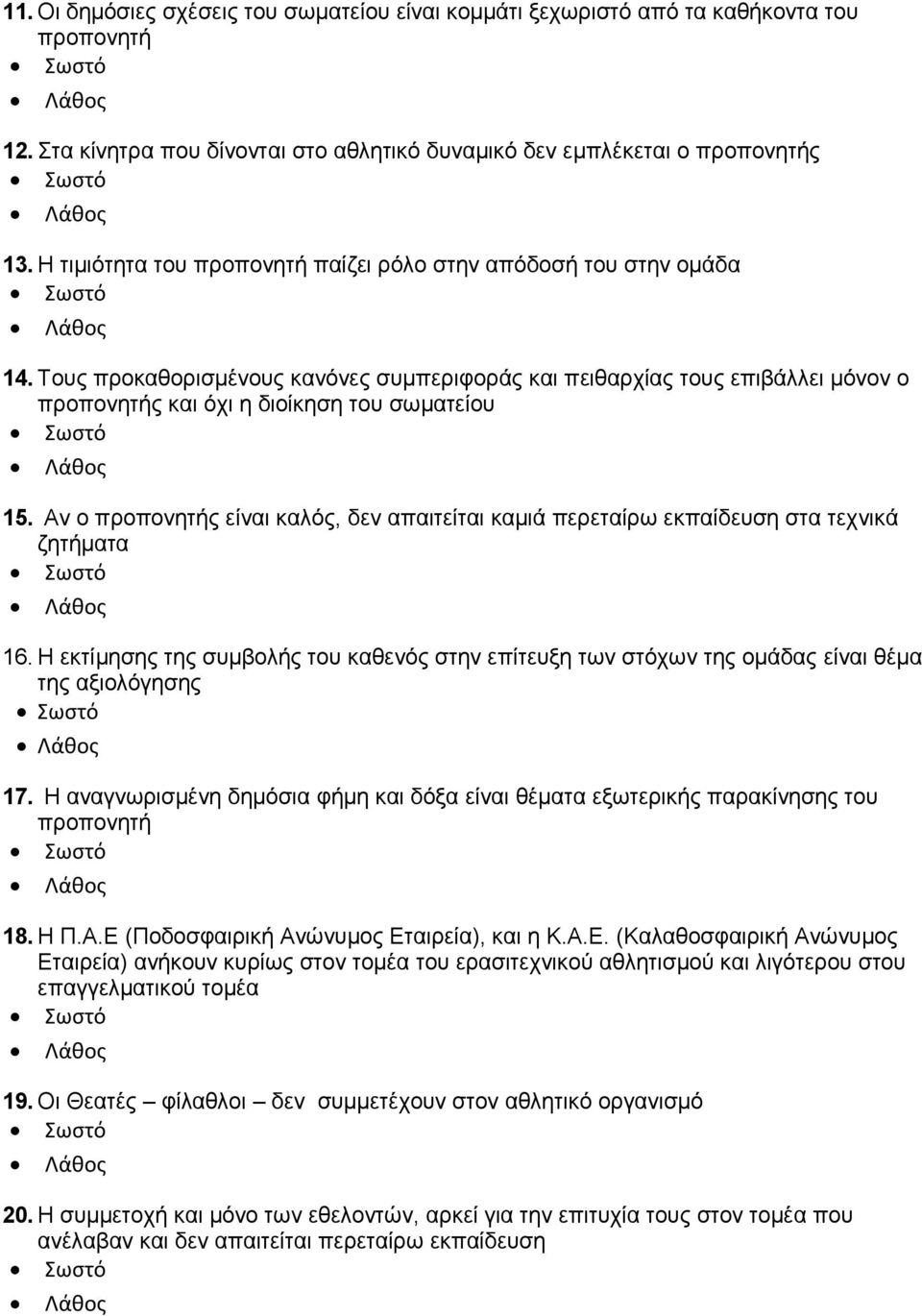 Τους προκαθορισμένους κανόνες συμπεριφοράς και πειθαρχίας τους επιβάλλει μόνον ο προπονητής και όχι η διοίκηση του σωματείου Σωστό Λάθος 15.