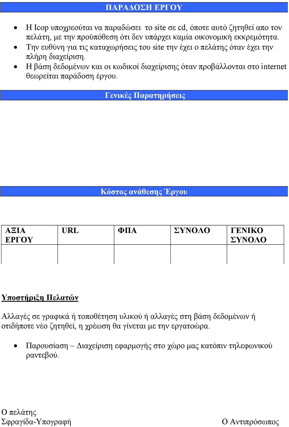 Η βάση δεδομένων και οι κωδικοί διαχείρισης όταν προβάλλονται στο internet θεωρείται παράδοση έργου.