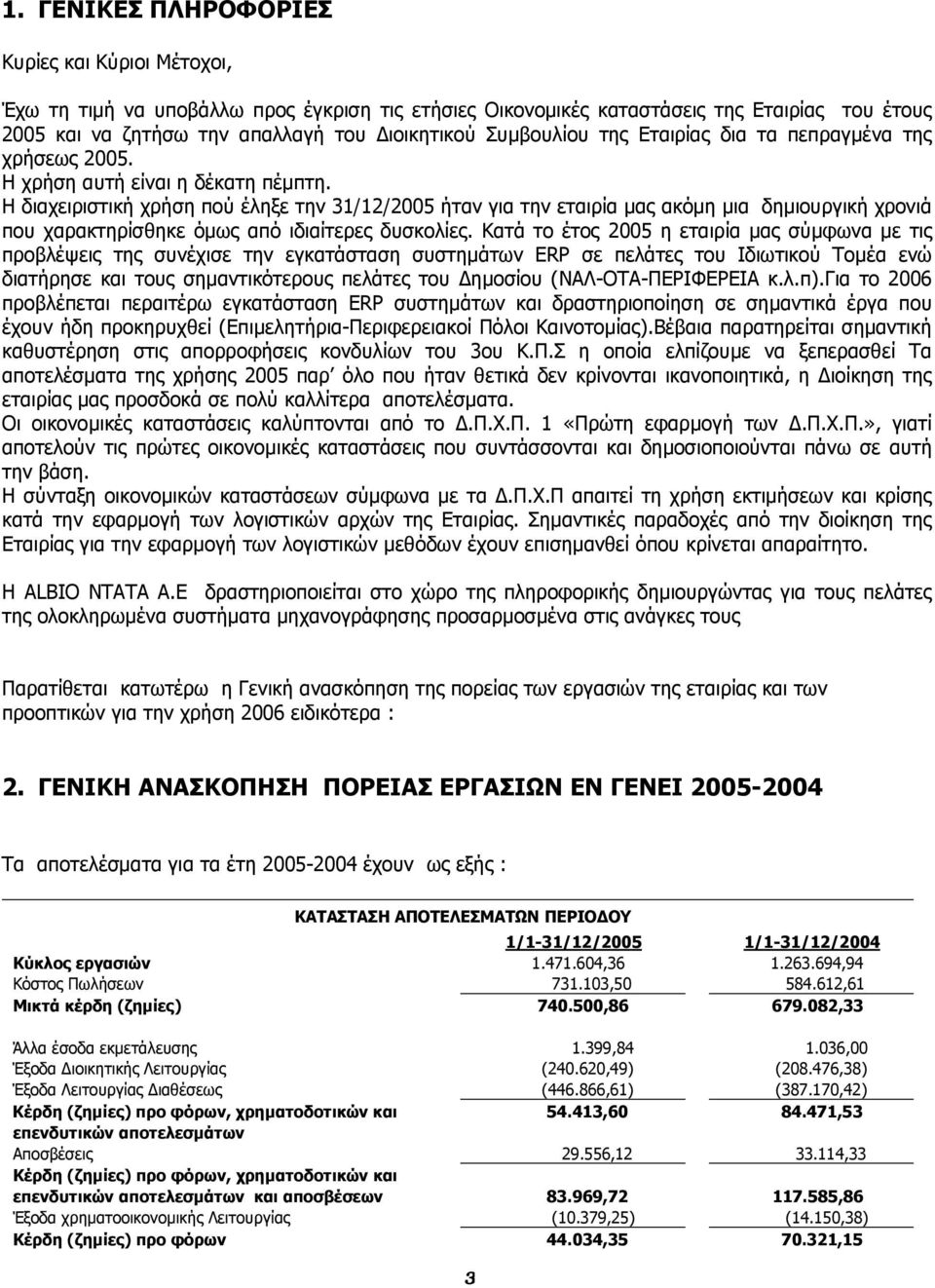 Η διαχειριστική χρήση πού έληξε την 31/12/2005 ήταν για την εταιρία µας ακόµη µια δηµιουργική χρονιά που χαρακτηρίσθηκε όµως από ιδιαίτερες δυσκολίες.