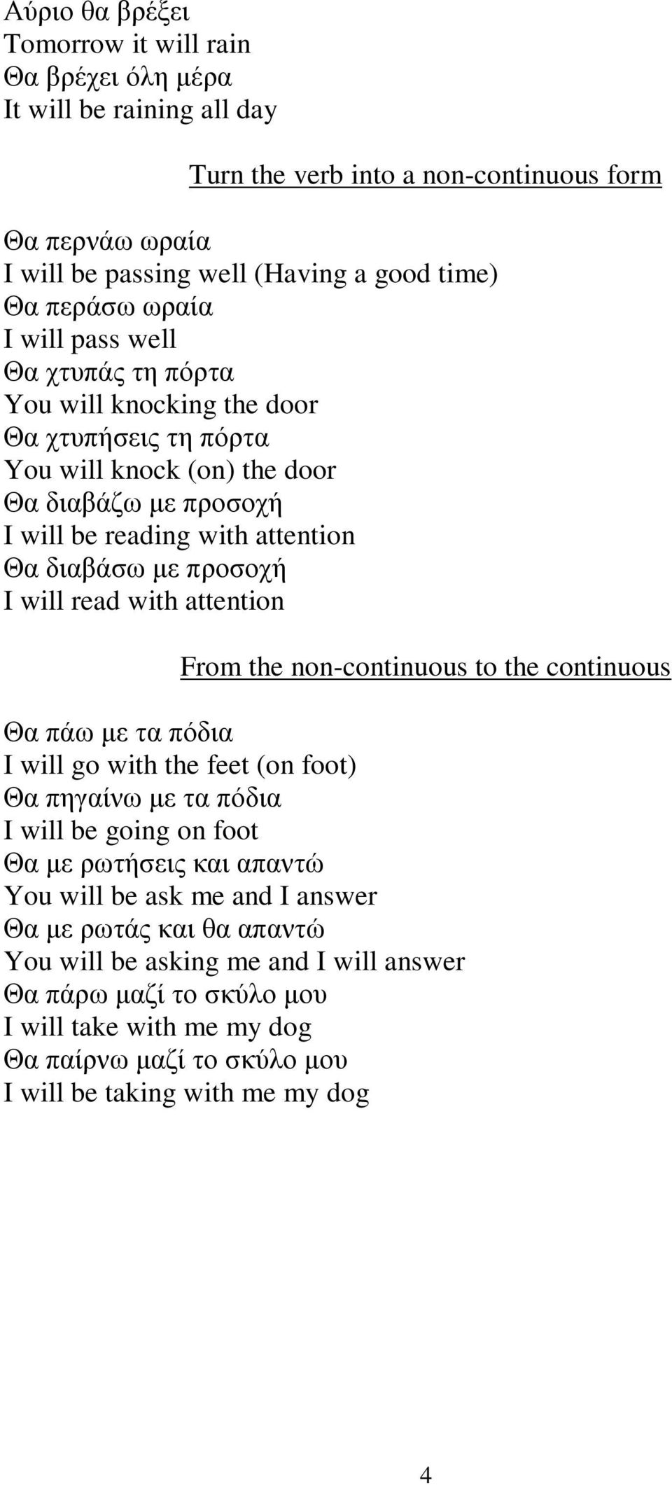 will read with attention From the non-continuous to the continuous Θα πάω με τα πόδια I will go with the feet (on foot) Θα πηγαίνω με τα πόδια I will be going on foot Θα με ρωτήσεις και απαντώ You