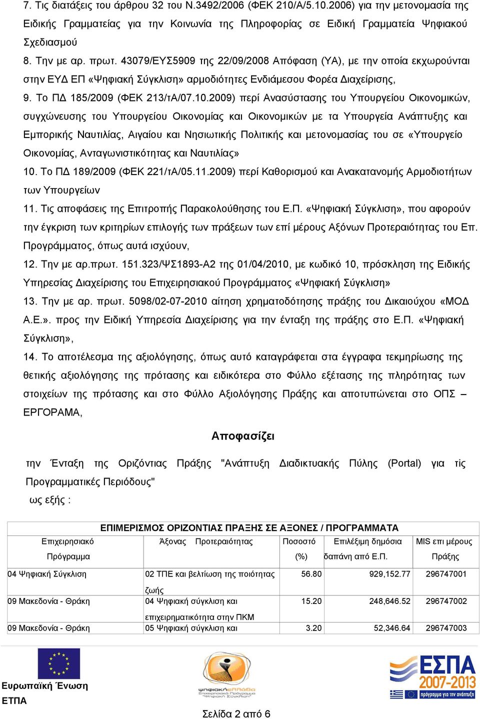 2009) περί Ανασύστασης του Υπουργείου Οικονομικών, συγχώνευσης του Υπουργείου Οικονομίας και Οικονομικών με τα Υπουργεία Ανάπτυξης και Εμπορικής Ναυτιλίας, Αιγαίου και Νησιωτικής Πολιτικής και