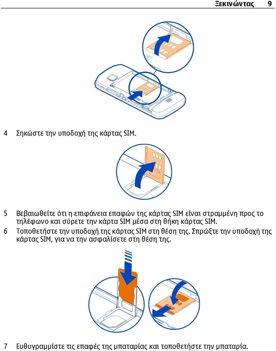 την κάρτα SIM μέσα στη θήκη κάρτας SIM. 6 Τοποθετήστε την υποδοχή της κάρτας SIM στη θέση της.