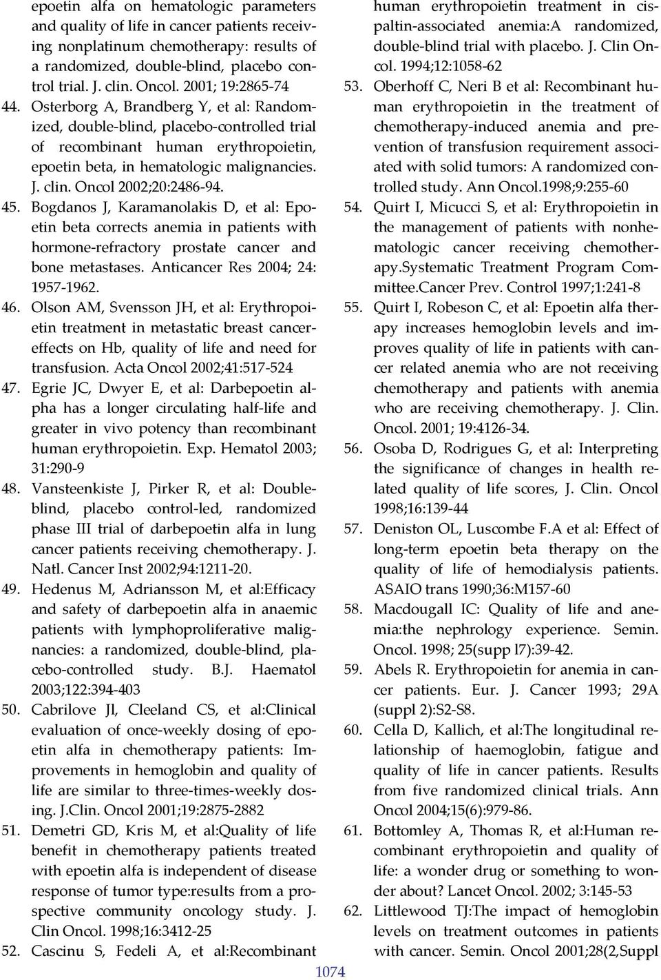 Oncol 2002;20:2486 94. 45. Bogdanos J, Karamanolakis D, et al: Epoetin beta corrects anemia in patients with hormone refractory prostate cancer and bone metastases. Anticancer Res 2004; 24: 1957 1962.