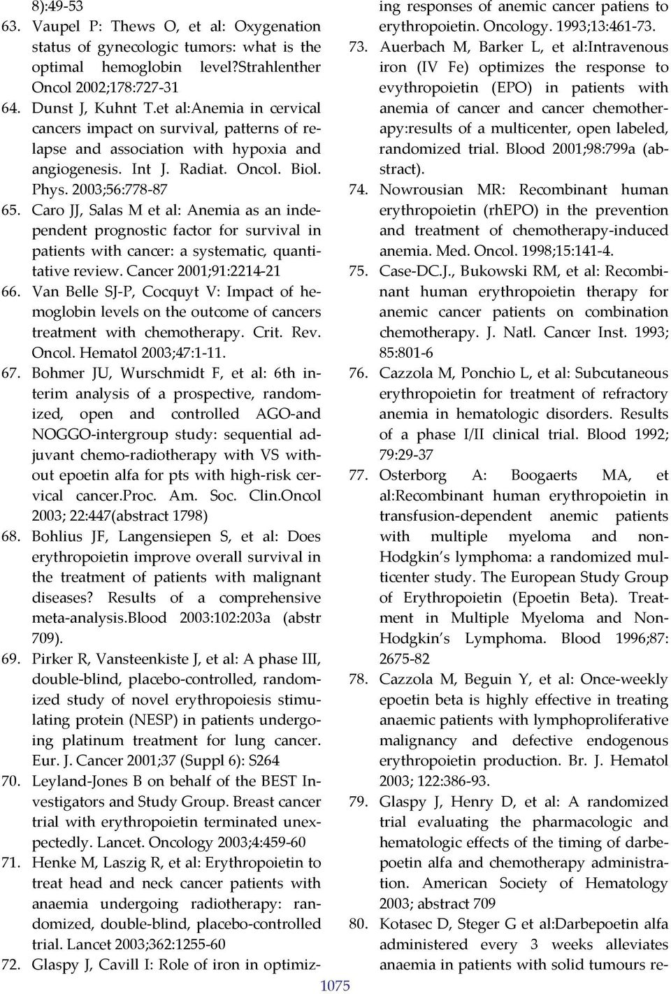 et al:anemia in cervical cancers impact on survival, patterns of relapse and association with hypoxia and angiogenesis. Int J. Radiat. Oncol. Biol. Phys. 2003;56:778 87 65.