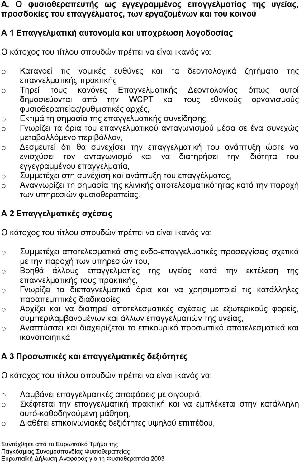 ηελ WCPT θαη ηνπο εζληθνχο νξγαληζκνχο θπζηνζεξαπείαο/ξπζκηζηηθέο αξρέο, Δθηηκά ηε ζεκαζία ηεο επαγγεικαηηθήο ζπλείδεζεο, Γλσξίδεη ηα φξηα ηνπ επαγγεικαηηθνχ αληαγσληζκνχ κέζα ζε έλα ζπλερψο