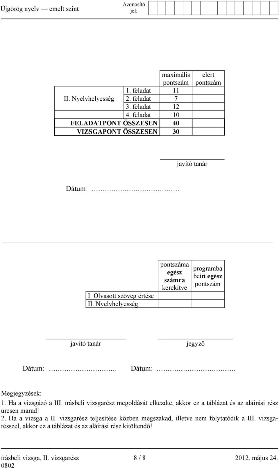 Nyelvhelyesség pontszáma egész számra kerekítve programba beírt egész pontszám javító tanár jegyző Dátum:... Dátum:... Megjegyzések: 1. Ha a vizsgázó a III.