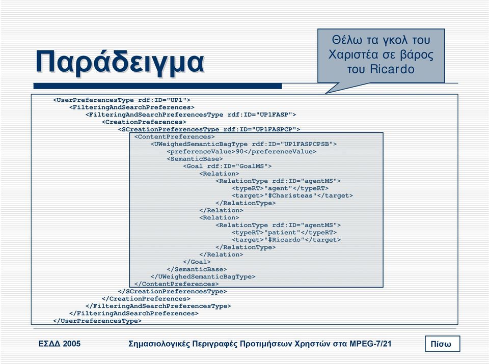<Relation> <RelationType rdf:id="agentms"> <typert>"agent"</typert> <target>"#charisteas"</target> </RelationType> </Relation> <Relation> <RelationType rdf:id="agentms"> <typert>"patient"</typert>