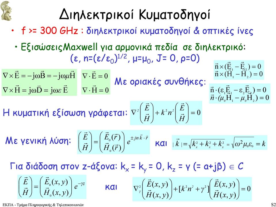 διηλκτικό: / / µµ J jω jωd jω jωβ v µ Μ οιακές συνθήκς: µ µ κυµατική