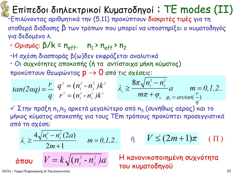 > ff > σχέση διασποάς ωδν κφάζται αναλυτικά Οι συχνότητς αποκοπής ή τα αντίστοιχα µήκη κύµατος ποκύπτουν θωώντας από τις σχέσις: 8π a α - - λ a