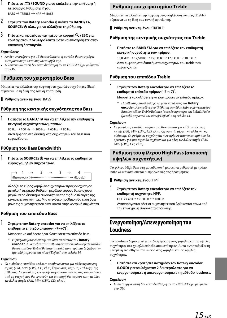 Αν δεν ενεργήσετε για 15 δευτερόλεπτα, η μονάδα θα επιστρέψει αυτόματα στην κανονική λειτουργία της. Η λειτουργία αυτή δεν είναι διαθέσιμη αν το DEFEAT έχει ρυθμιστεί στο ON.