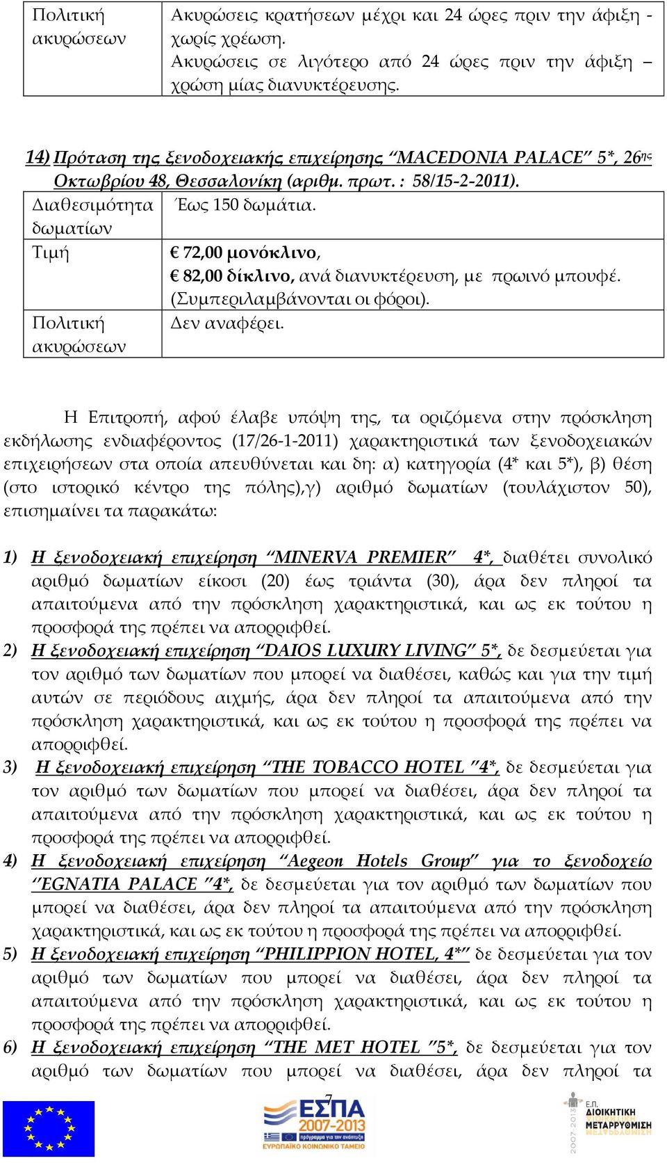 Τιμή 72,00 μονόκλινο, 82,00 δίκλινο, ανά διανυκτέρευση, με πρωινό μπουφέ. Δεν αναφέρει.