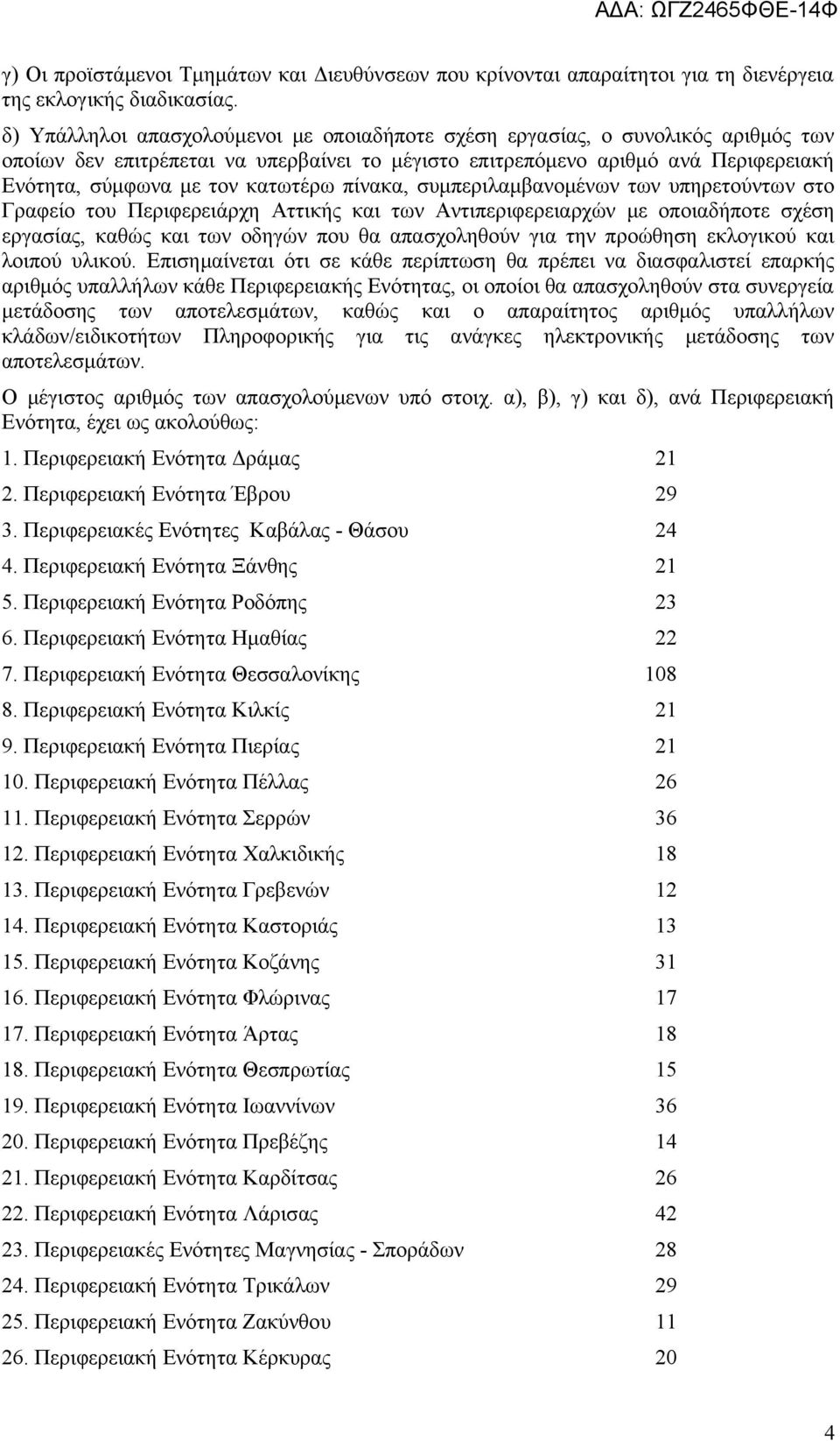 κατωτέρω πίνακα, συμπεριλαμβανομένων των υπηρετούντων στο Γραφείο του Περιφερειάρχη Αττικής και των Αντιπεριφερειαρχών με οποιαδήποτε σχέση εργασίας, καθώς και των οδηγών που θα απασχοληθούν για την