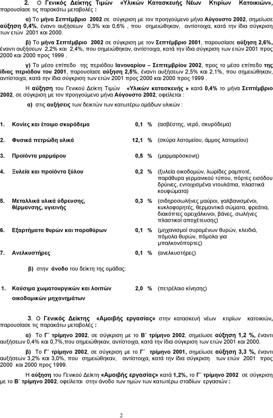 β) Το μήνα Σεπτέμβριο 2002 σε σύγκριση με τον Σεπτέμβριο 2001, παρουσίασε αύξηση 2,6%, έναντι αυξήσεων 2,2% και 2,4%, που σημειώθηκαν, αντίστοιχα, κατά την ίδια σύγκριση των ετών 2001 προς 2000 και