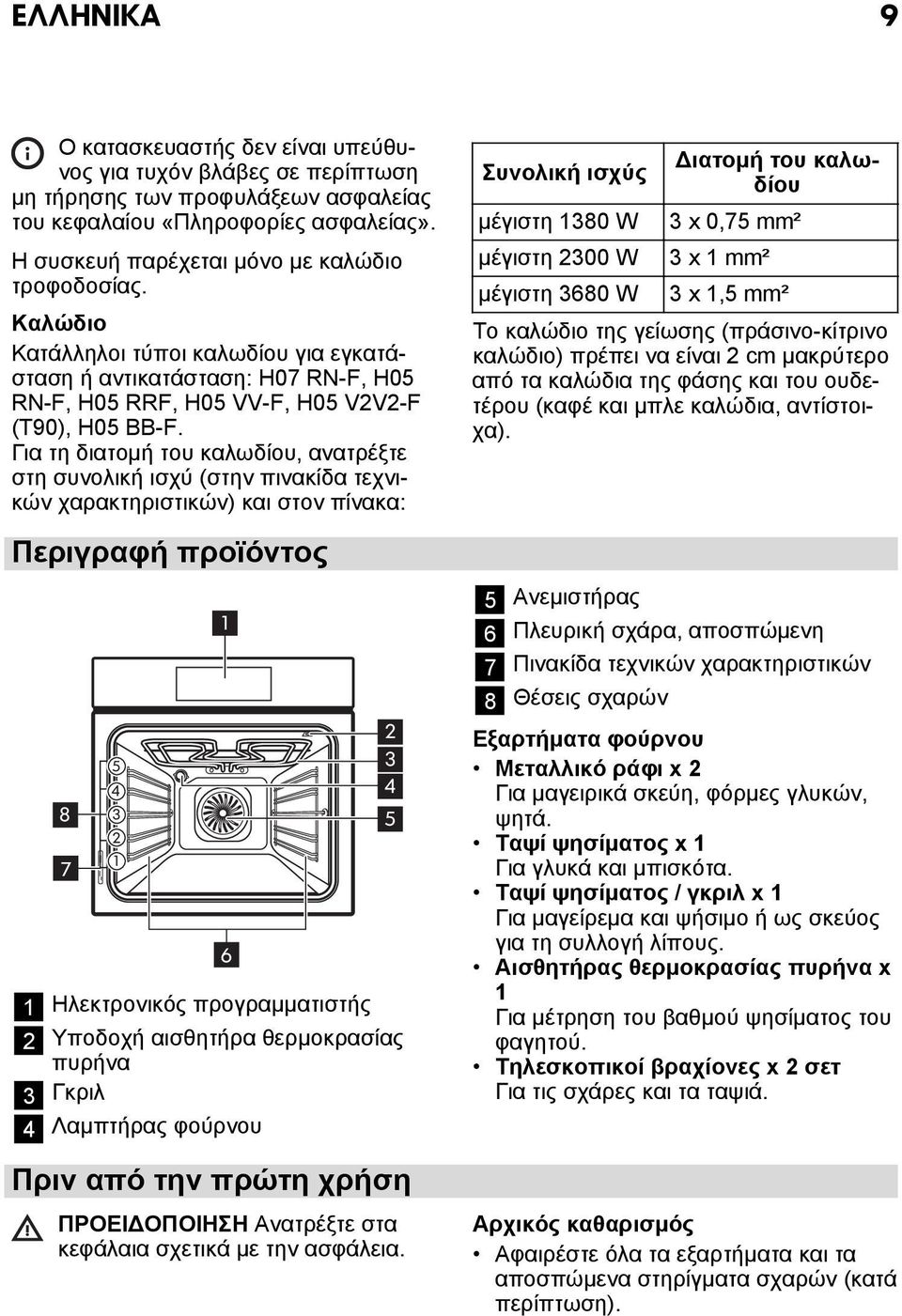 Για τη διατομή του καλωδίου, ανατρέξτε στη συνολική ισχύ (στην πινακίδα τεχνικών χαρακτηριστικών) και στον πίνακα: Περιγραφή προϊόντος 2 5 3 4 4 8 3 5 2 7 1 1 Ηλεκτρονικός προγραμματιστής 2 Υποδοχή