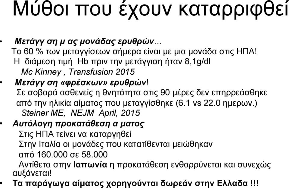 Σε σοβαρά ασθενείς η θνητότητα στις 90 µέρες δεν επηρρεάσθηκε από την ηλικία αίµατος που µεταγγίσθηκε (6.1 vs 22.0 ηµερων.