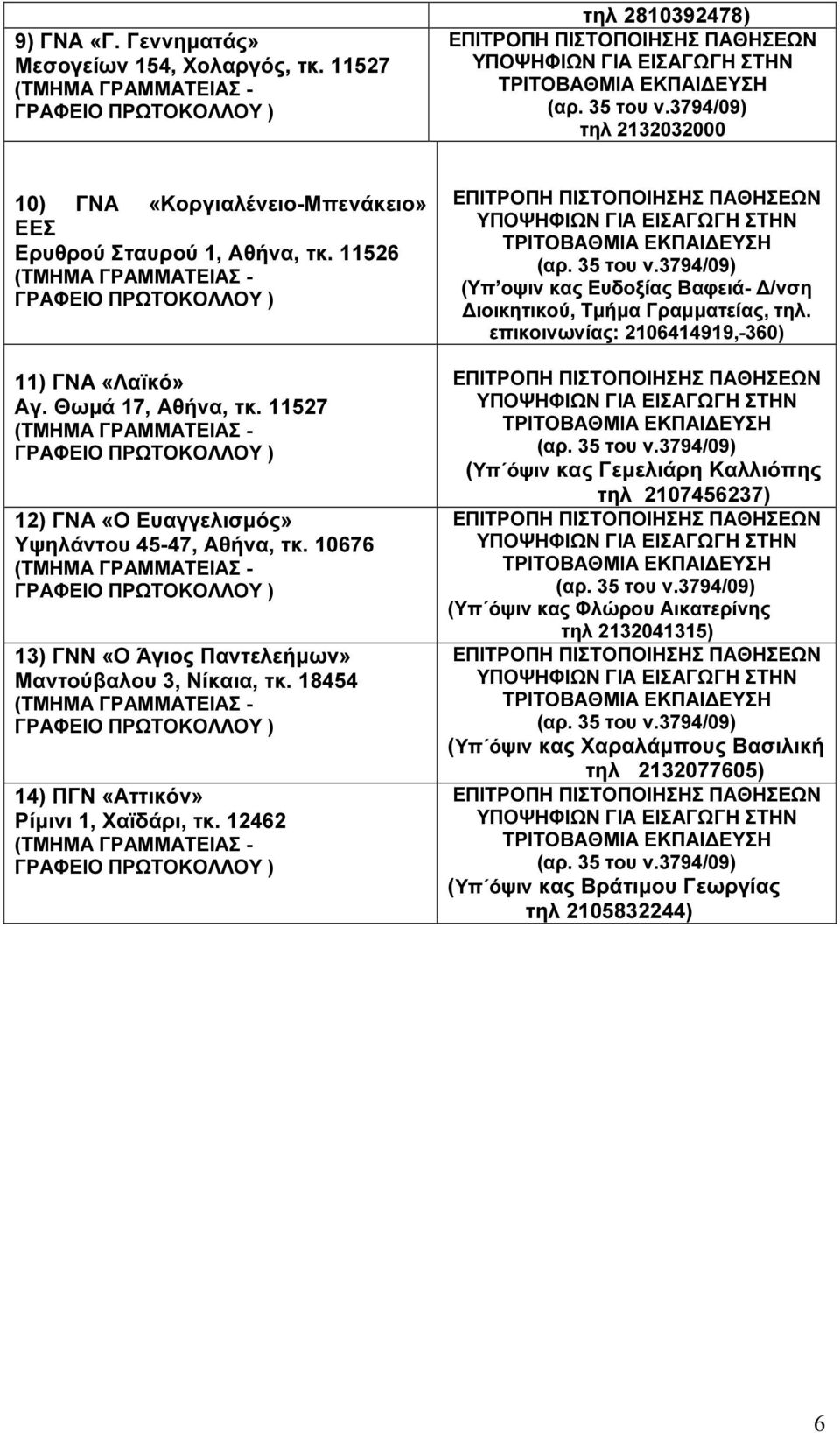 18454 14) ΠΓΝ «Αττικόν» Ρίµινι 1, Χαϊδάρι, τκ. 12462 (Υπ οψιν κας Ευδοξίας Βαφειά- /νση ιοικητικού, Τµήµα Γραµµατείας, τηλ.