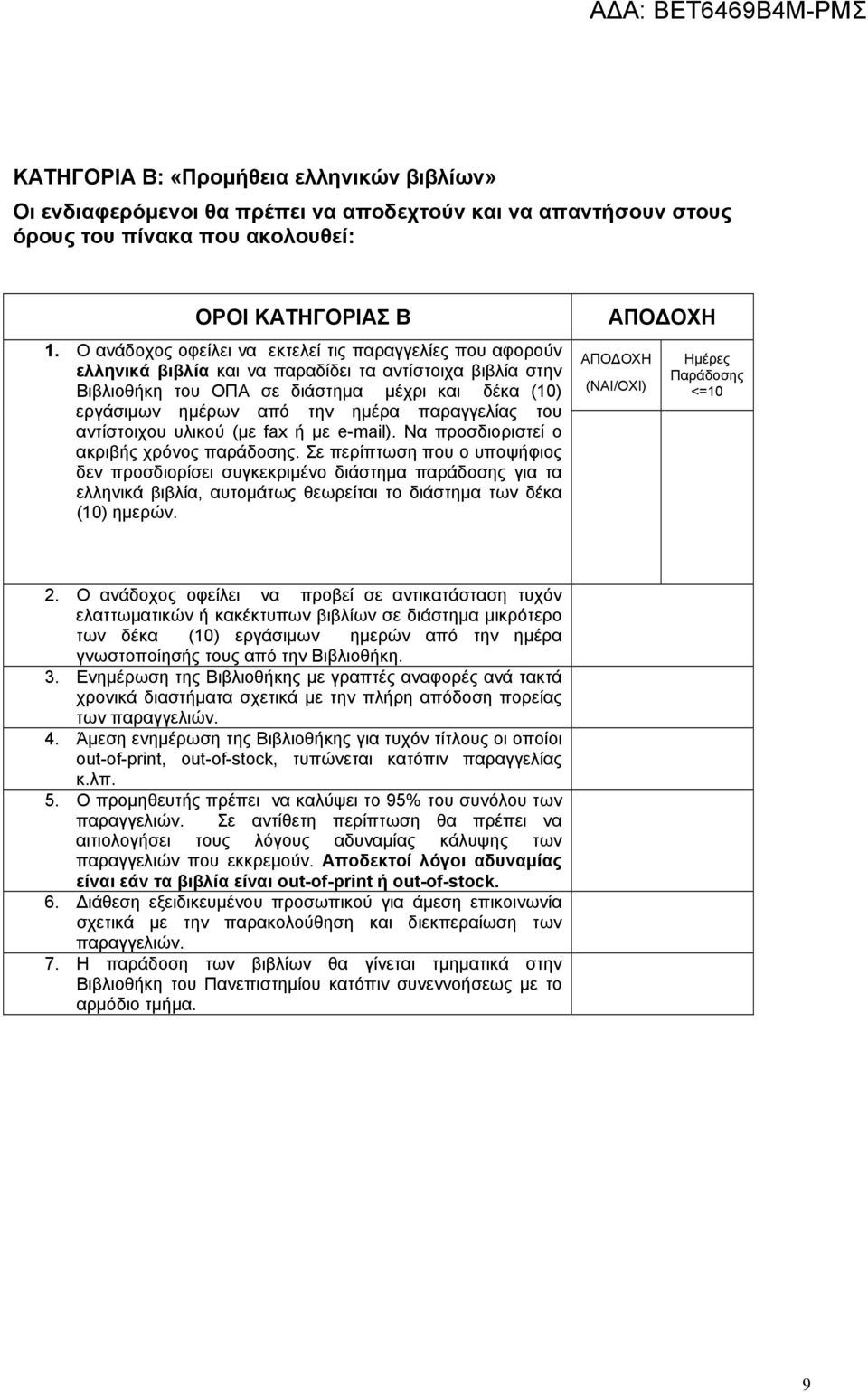 παραγγελίας του αντίστοιχου υλικού (με fax ή με e-mail). Να προσδιοριστεί ο ακριβής χρόνος παράδοσης.