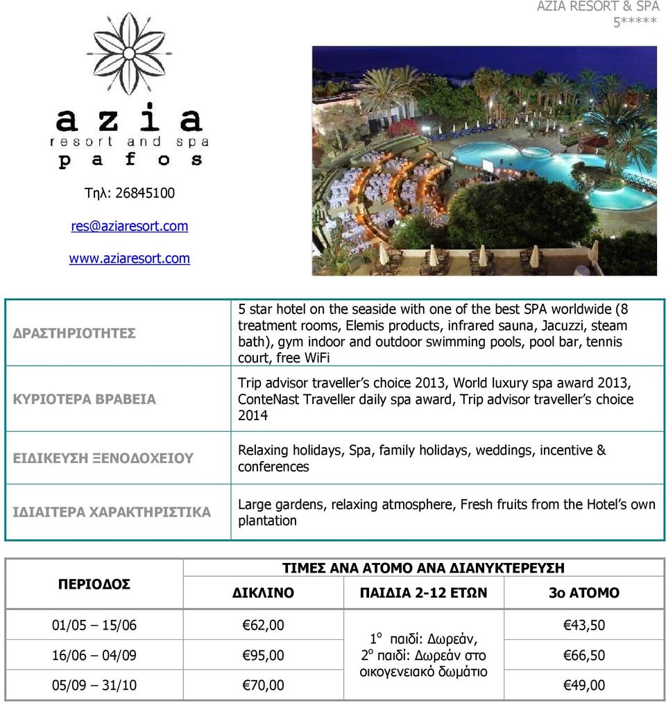 com 5 star hotel on the seaside with one of the best SPA worldwide (8 treatment rooms, Elemis products, infrared sauna, Jacuzzi, steam bath), gym indoor and outdoor swimming