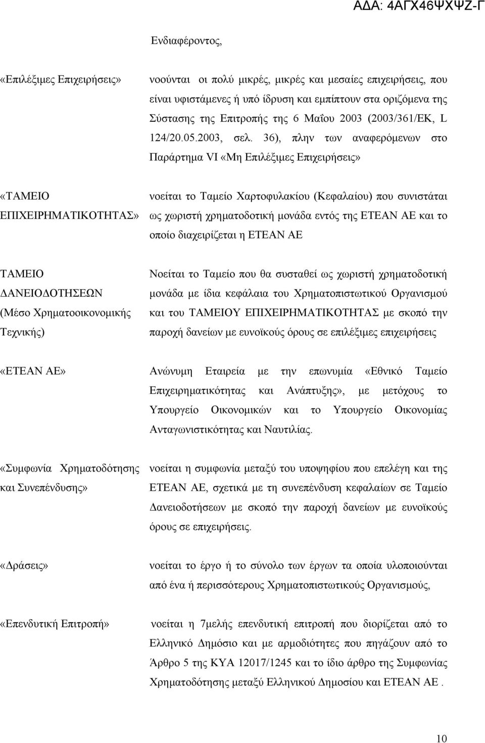 36), πλην των αναφερόµενων στο Παράρτηµα VI «Μη Επιλέξιµες Επιχειρήσεις» «ΤΑΜΕΙΟ ΕΠΙΧΕΙΡΗΜΑΤΙΚΟΤΗΤΑΣ» νοείται το Ταµείο Χαρτοφυλακίου (Κεφαλαίου) που συνιστάται ως χωριστή χρηµατοδοτική µονάδα εντός