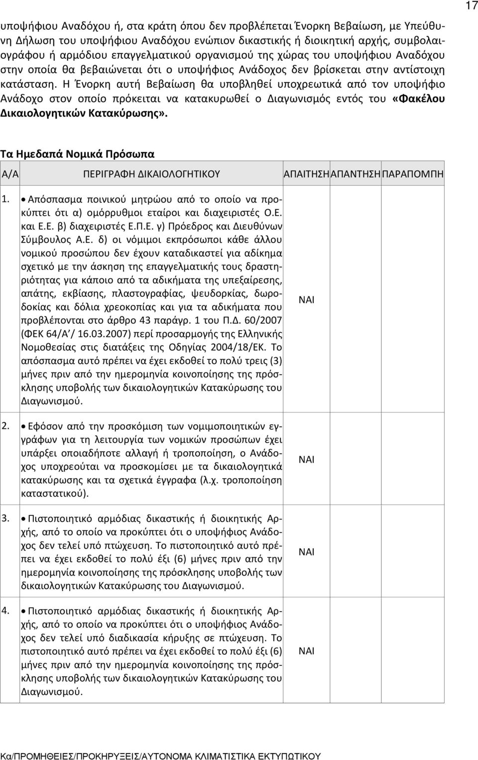 Η Ένορκη αυτή Βεβαίωση θα υποβληθεί υποχρεωτικά από τον υποψήφιο Ανάδοχο στον οποίο πρόκειται να κατακυρωθεί ο Διαγωνισμός εντός του «Φακέλου Δικαιολογητικών Κατακύρωσης».