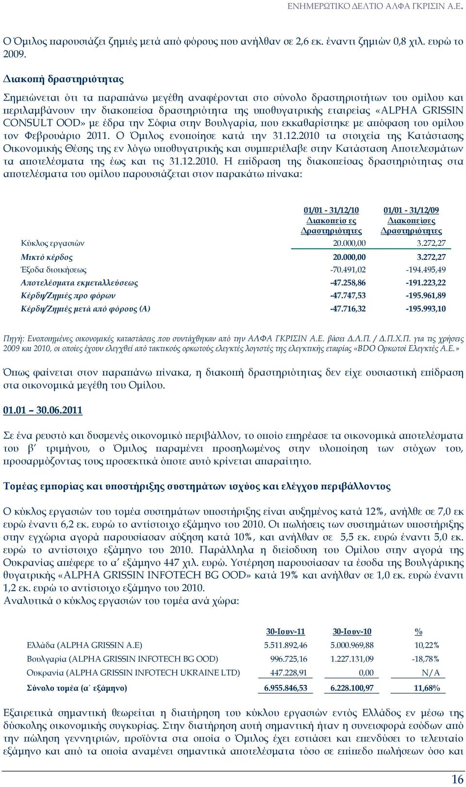 CONSULT OOD» µε έδρα την Σόφια στην Βουλγαρία, ου εκκαθαρίστηκε µε α όφαση του οµίλου τον Φεβρουάριο 2011. Ο Όµιλος ενο οίησε κατά την 31.12.