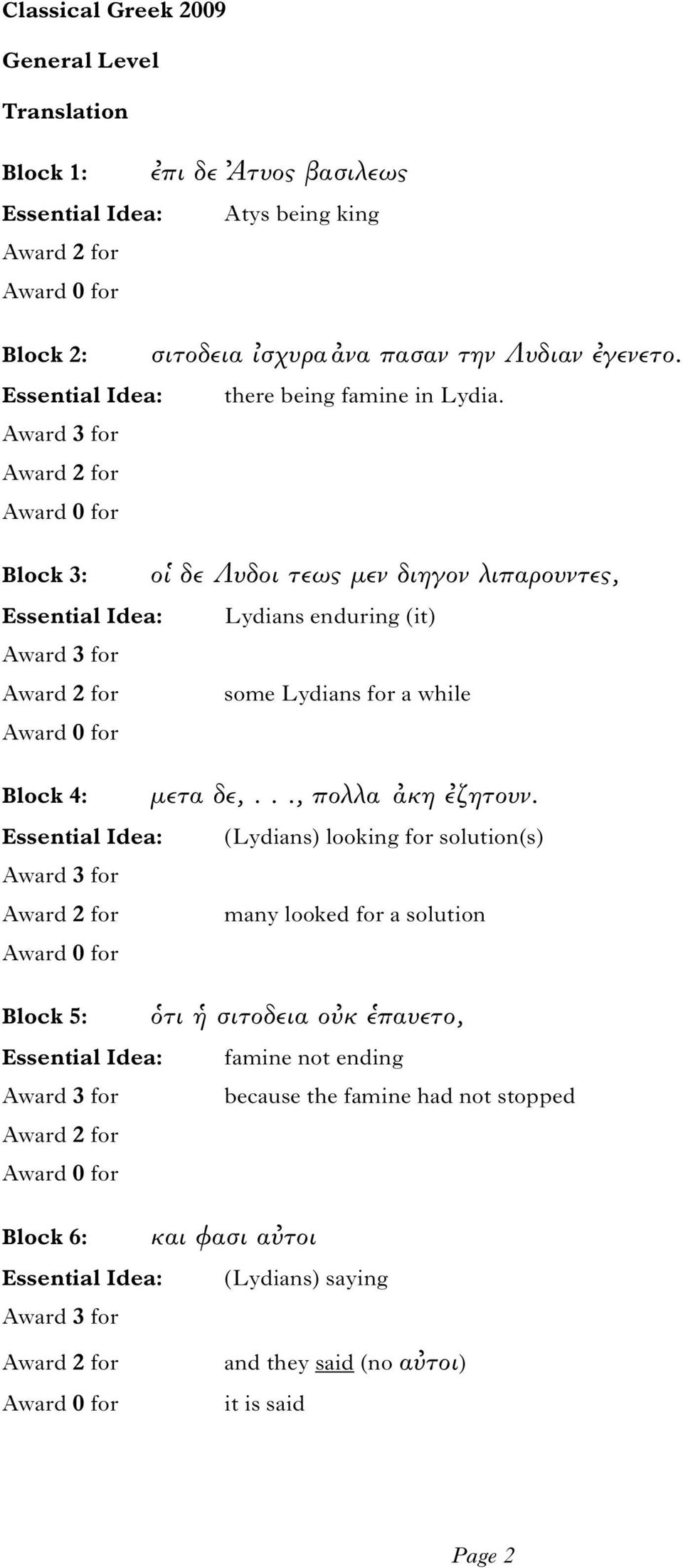 Block 3: ο δε Λυδοι τεως μεν διηγον λιπαρουντες, Lydians enduring (it) some Lydians for a while Block 4: μετα δε,..., πολλα ακη ζητουν.