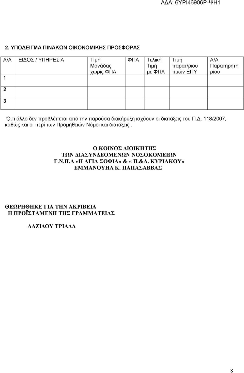 Δ. 118/2007, καθώς και οι περί των Προμηθειών Νόμοι και διατάξεις. Ο ΚΟΙΝΟΣ ΔΙΟΙΚΗΤΗΣ ΤΩΝ ΔΙΑΣΥΝΔΕΟΜΕΝΩΝ ΝΟΣΟΚΟΜΕΙΩΝ Γ.Ν.Π.Α «Η ΑΓΙΑ ΣΟΦΙΑ» & «Π.