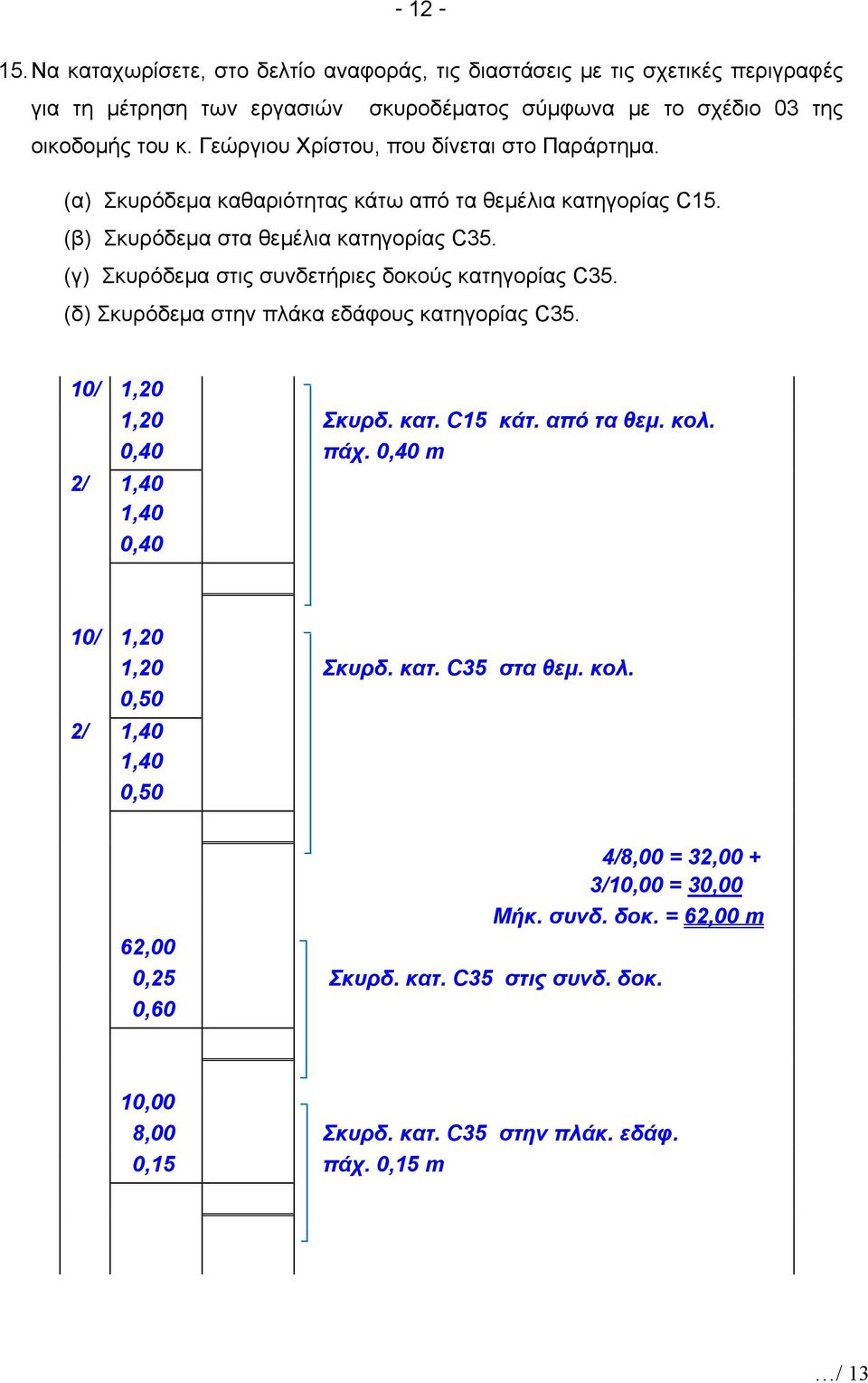 (γ) Σκυρόδεμα στις συνδετήριες δοκούς κατηγορίας C35. (δ) Σκυρόδεμα στην πλάκα εδάφους κατηγορίας C35. 10/ 1,20 1,20 Σκυρδ. κατ. C15 κάτ. από τα θεμ. κολ. 0,40 πάχ.