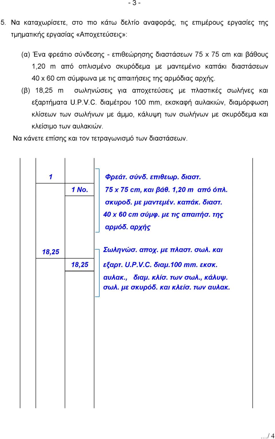 διαμέτρου 100 mm, εκσκαφή αυλακιών, διαμόρφωση κλίσεων των σωλήνων με άμμο, κάλυψη των σωλήνων με σκυρόδεμα και κλείσιμο των αυλακιών. Να κάνετε επίσης και τον τετραγωνισμό των διαστάσεων. 1 Φρεάτ.