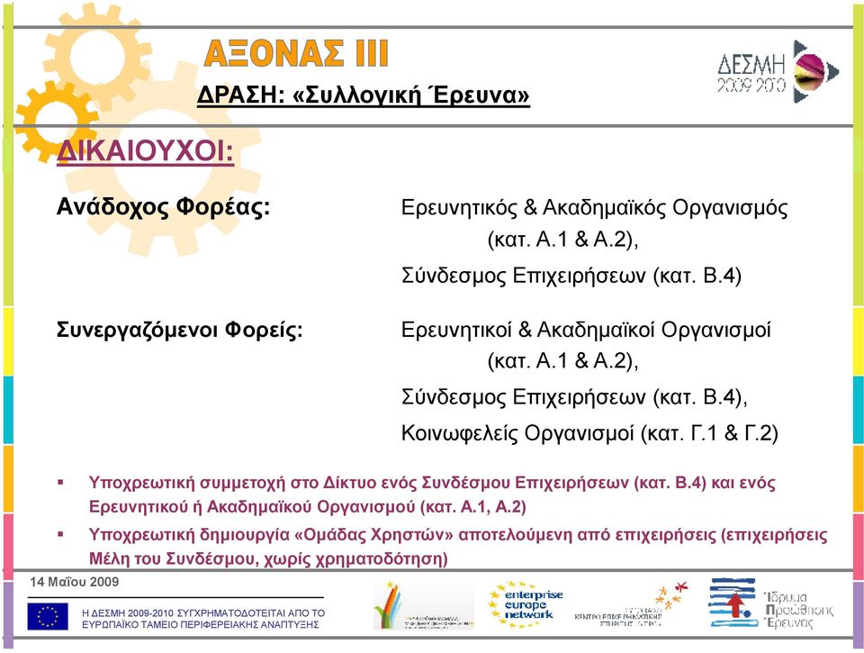 4), Κοινωφελείς Οργανισµοί (κατ. Γ.1 & Γ.2) Υποχρεωτική συµµετοχή στο ίκτυο ενός Συνδέσµου Επιχειρήσεων (κατ. Β.